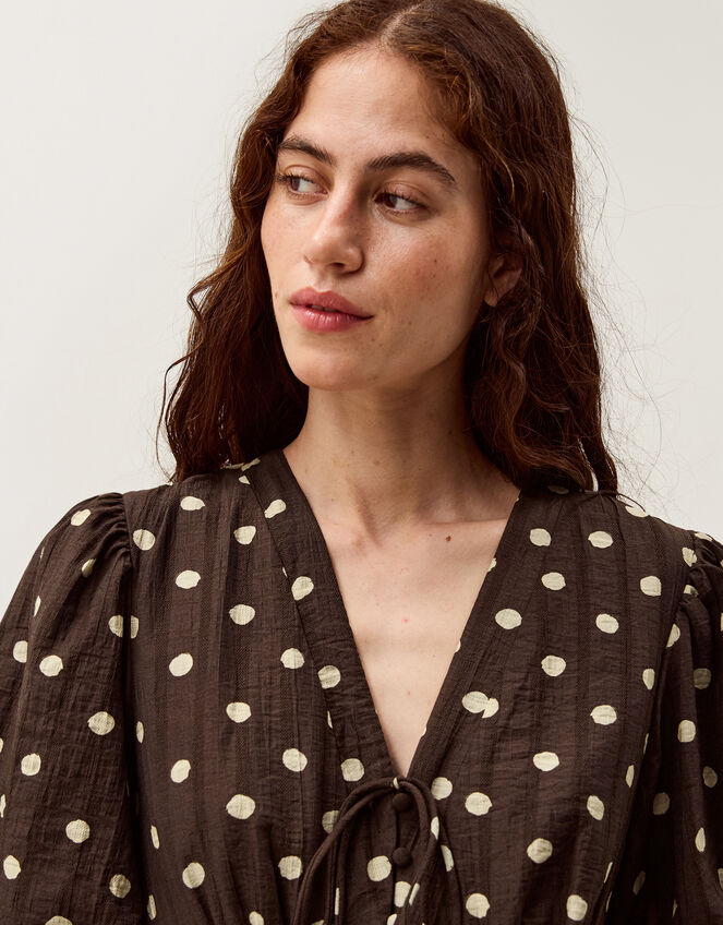 Paris Puff Sleeve Polka Dot Midi Dress Brown | Day Dresses | Monsoon US.