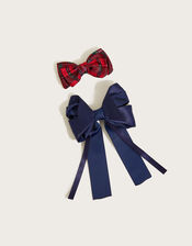 Tartan Print Large Bow Hair Clips, , large