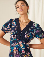 Oriental Print Lace Trim Dress, Blue (NAVY), large