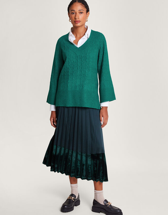 V-Neck Cable Longline Jumper with Recycled Polyester , Green (GREEN), large