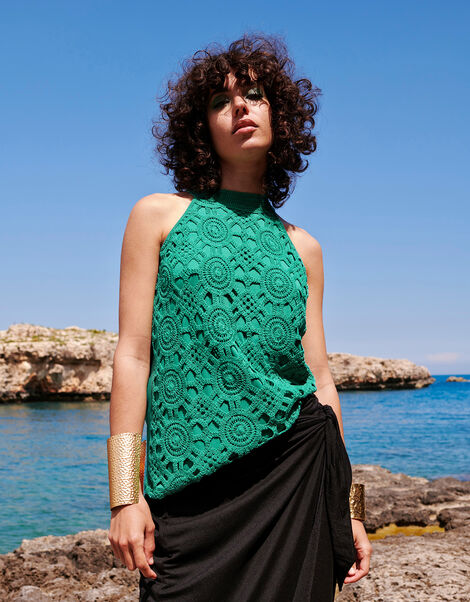 Sleeveless Crochet Top with LENZING™ ECOVERO™, Green (GREEN), large
