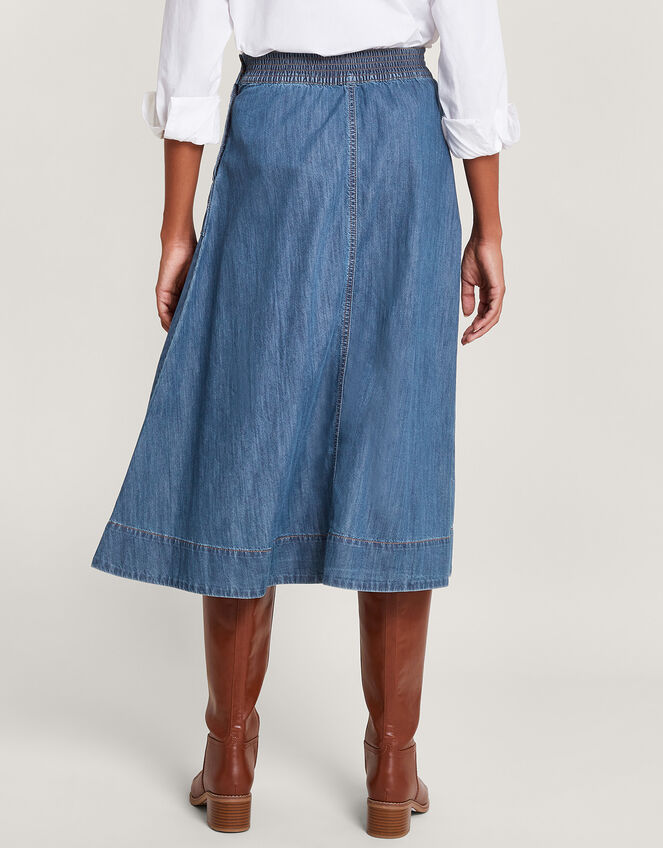 Pull On Denim Midi Skirt in Sustainable Cotton, Blue (DENIM BLUE), large