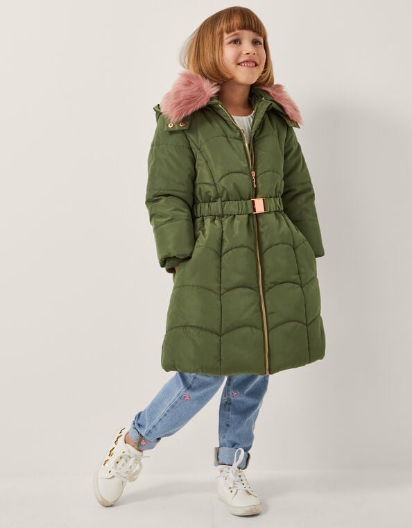 Belted Scallop Puffer Coat, Green (GREEN), large