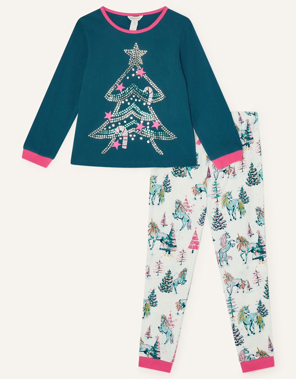 Unicorn Christmas Tree Pyjama Set Green Nightwear Slippers Monsoon ROI