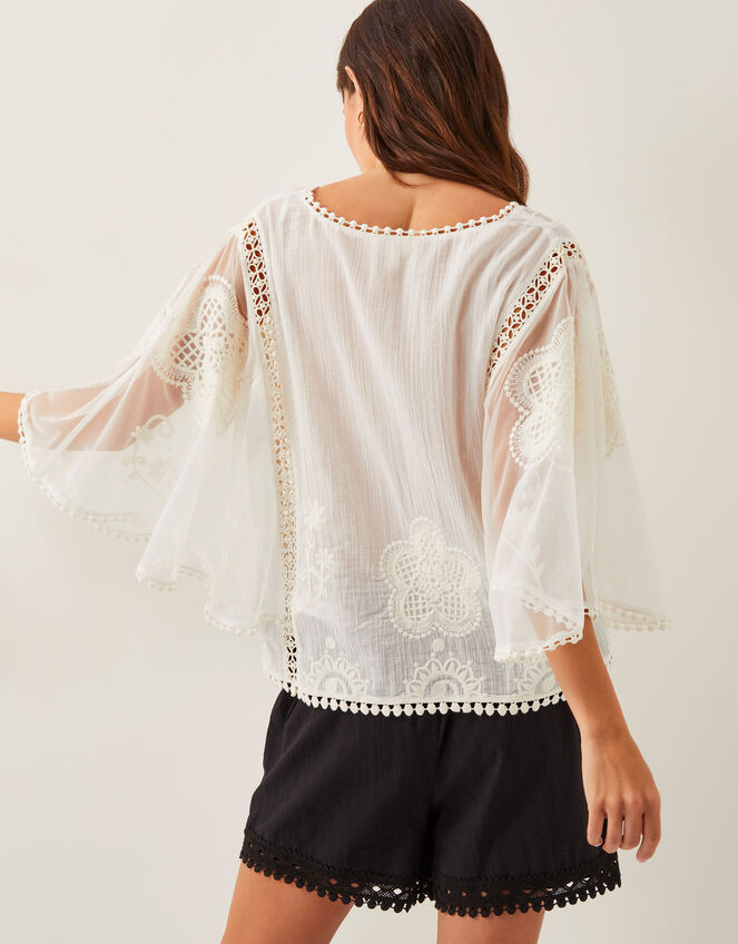 Lena Sheer Embroidered Angel Sleeve Top, White (WHITE), large