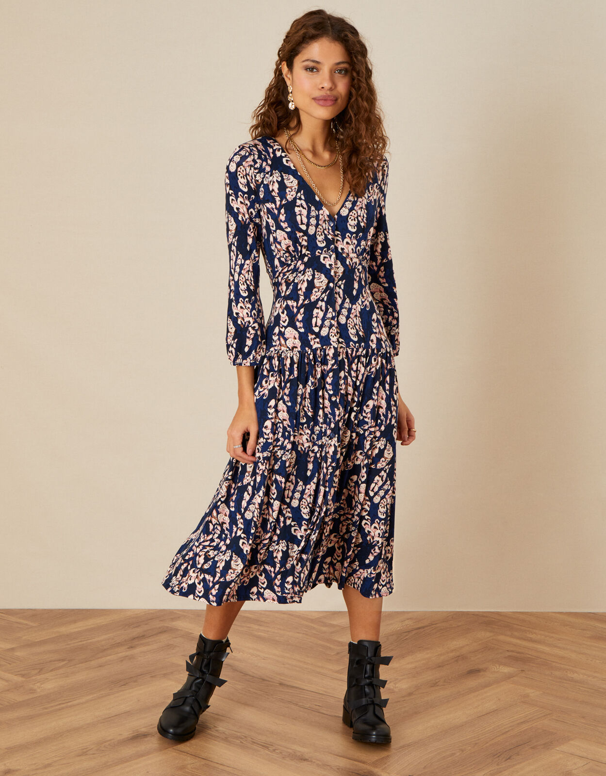 Tiered Smock Jersey Dress Blue