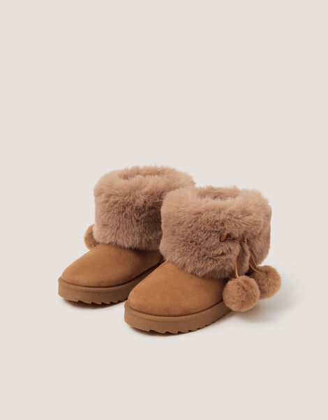 Fluffy Pom Ankle Boots, Tan (TAN), large