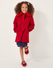 Faux Fur Collar Bow Coat, Red (RED), large