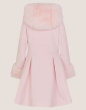 Faux Fur Hood Double-Breasted Coat, Pink (PINK), large