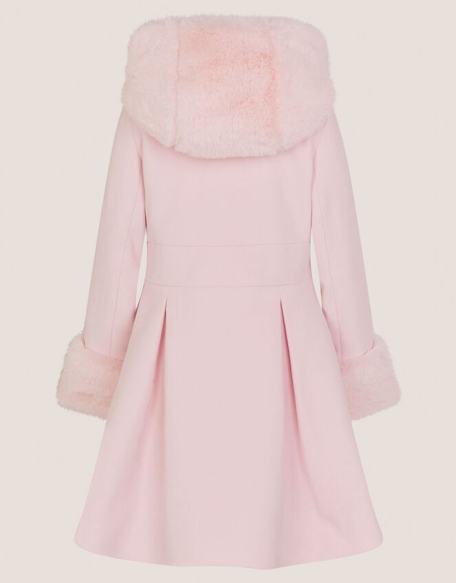 Faux Fur Hood Double-Breasted Coat, Pink (PINK), large