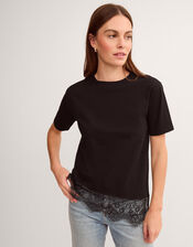 Lola Lace Trim Jersey T-Shirt, Black (BLACK), large