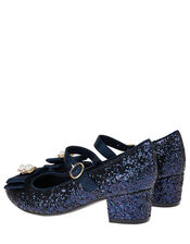 Embellished Bow Glitter Heeled Shoes, Blue (NAVY), large