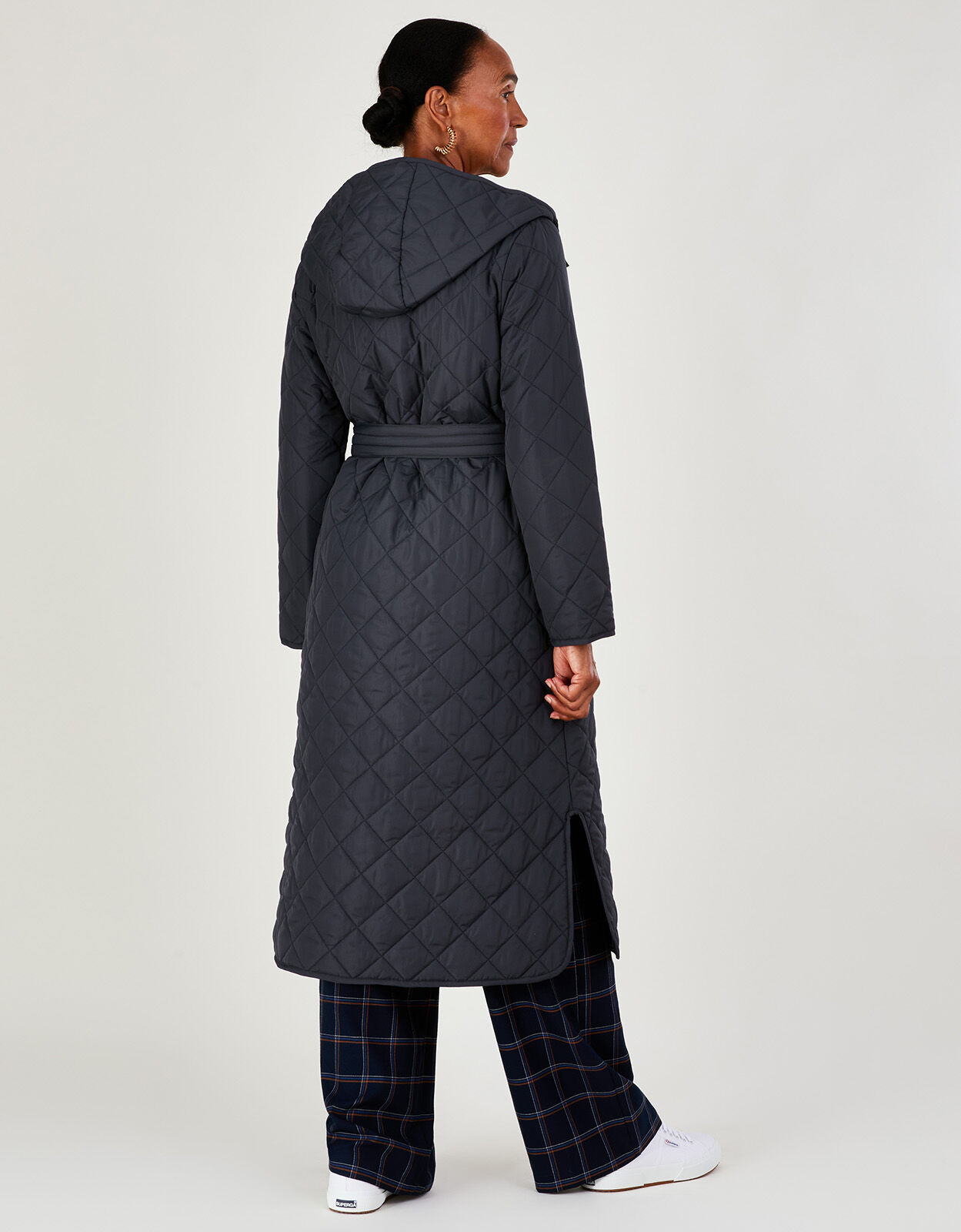 Quinn Quilted Hooded Longline Coat in Recycled Polyester Grey