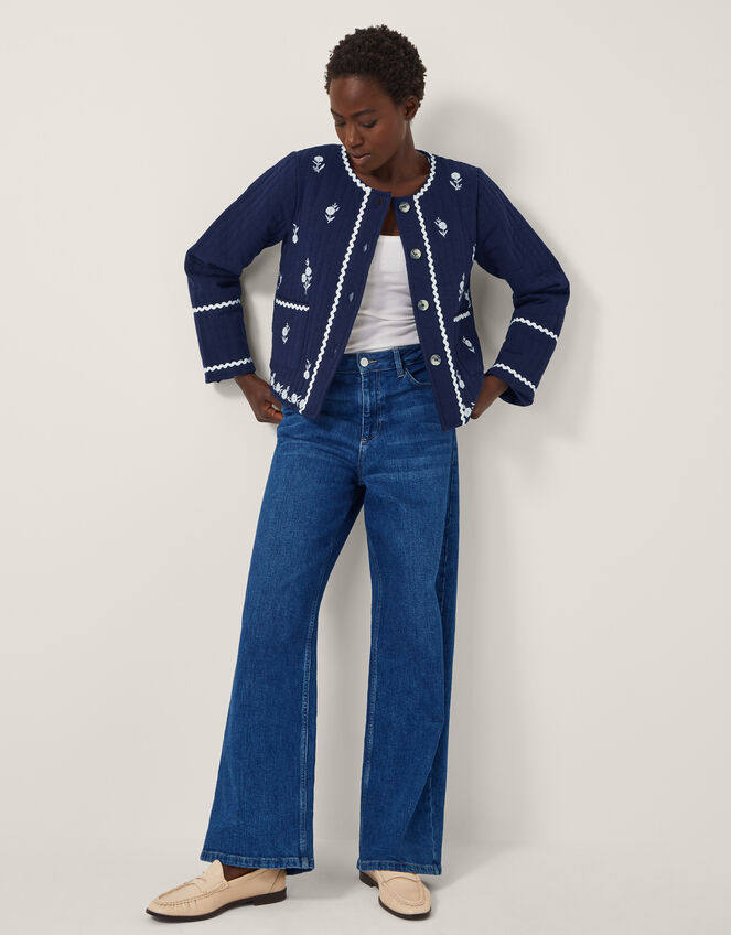 Evie Embroidered Floral Quilted Jacket, Blue (NAVY), large