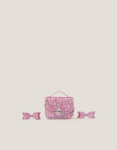 Glitter Satchel Bag & Hair Clips Set, , large
