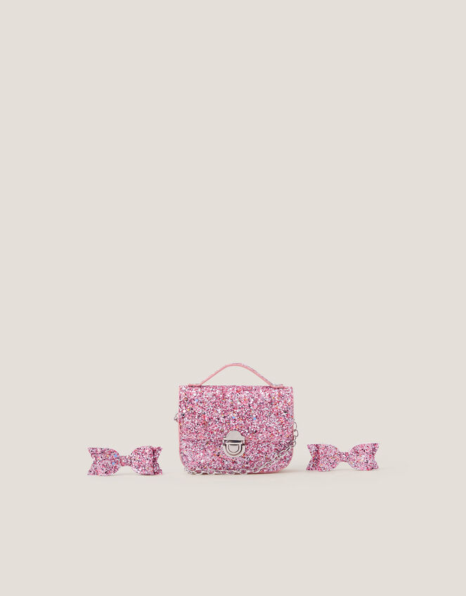 Glitter Satchel Bag & Hair Clips Set, , large