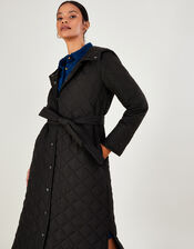 Quinn Quilted Hooded Longline Coat in Recycled Polyester, Black (BLACK), large