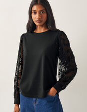 Immy Sheer Floral Sleeve Top, Black (BLACK), large