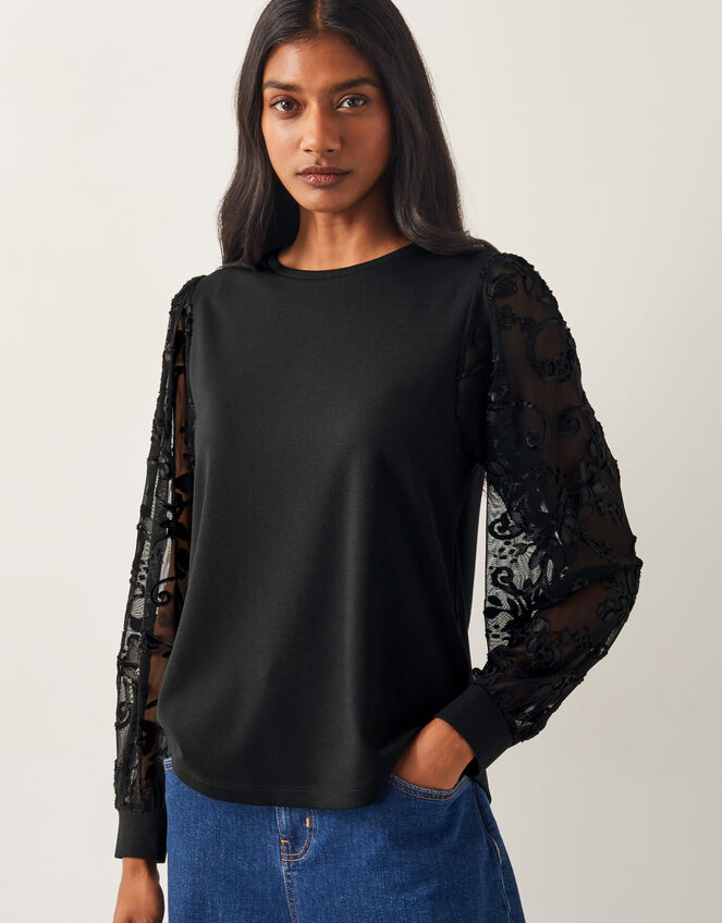 Immy Sheer Floral Sleeve Top, Black (BLACK), large