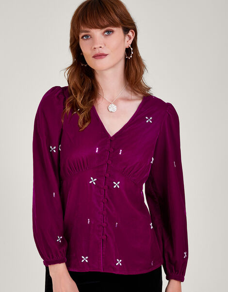 Carola Embellished Velvet Blouse, Pink (PINK), large