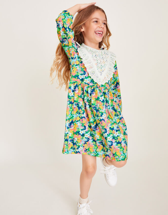 Long Sleeve Floral Yoke Dress, Green (GREEN), large