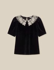 Lenora Lace Collar Velvet Top, Black (BLACK), large