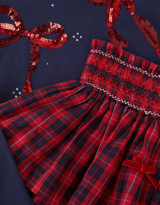 Bow Embellished Top & Tartan Skirt Set, Red (RED), large