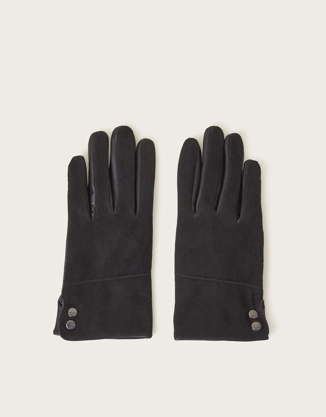Ula Leather Suede Button Gloves, Black (BLACK), large