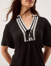 Lucia Lace Linen Blend T-Shirt, Black (BLACK), large