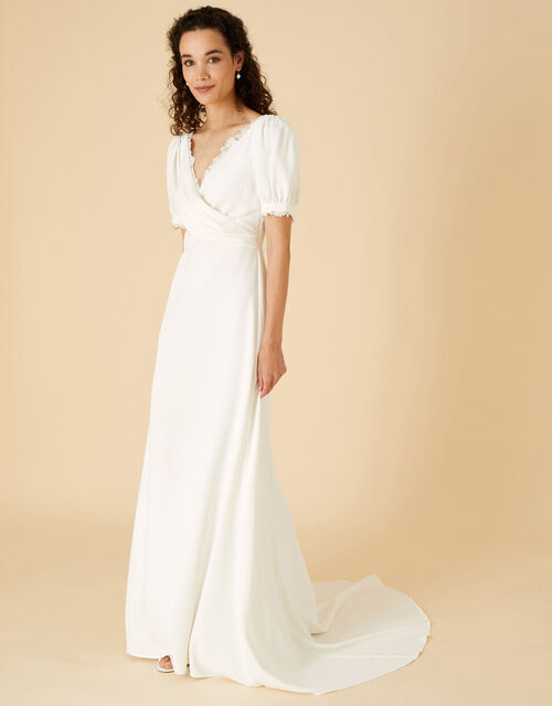 Lace Wrap Crepe Bridal Dress, Ivory (IVORY), large