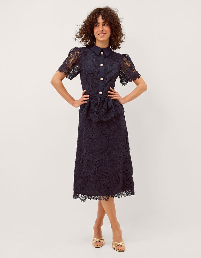 navy peplum midi dress Coast Women's Lace Bodice Peplum Midi Dress in Navy | Size: 8