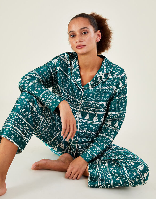 Fair Isle Christmas Satin Pyjama Set, Green (GREEN), large