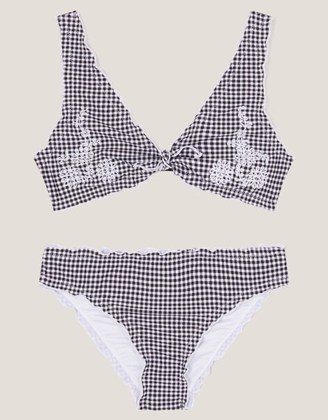 Gingham Embroidered Frill Bikini Set, Black (BLACK), large