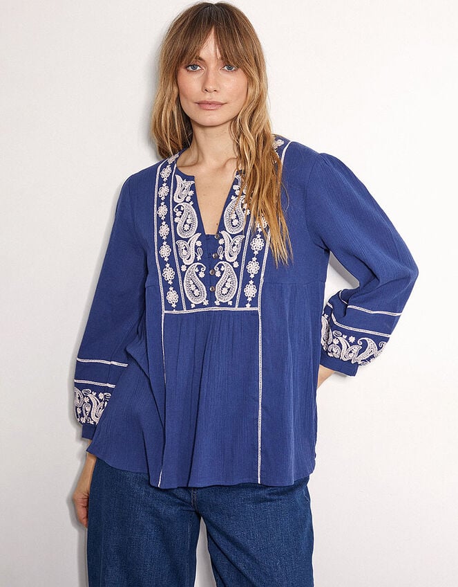 East Circe Paisley Embroidered Blouse, Blue (NAVY), large