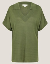 Cloe Knitted Collar Top, Green (KHAKI), large