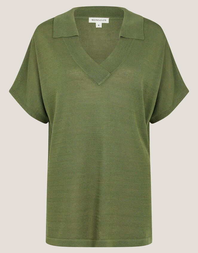 Cloe Knitted Collar Top, Green (KHAKI), large