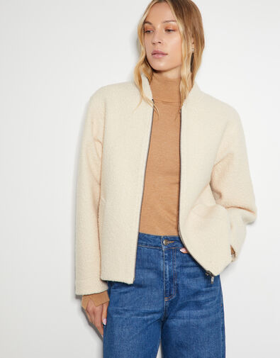 Jade Boucle Bomber Jacket, Ivory (IVORY), large