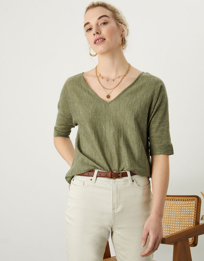 V-Neck T-Shirt Jumper in Linen Blend, Green (KHAKI), large