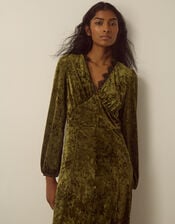 Jessi V-Neck Velvet Midi Dress, Green (KHAKI), large