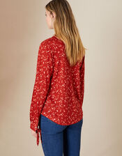Floral Print Long Sleeve Linen Top, Red (RED), large