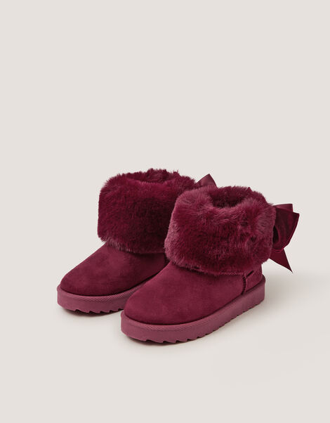 Velvet Bow Fluffy Ankle Boots, Red (BURGUNDY), large
