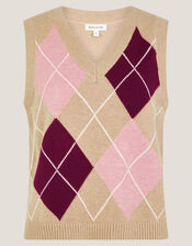 Anne Sleeveless Argyle Knitted Vest, Camel (CAMEL), large