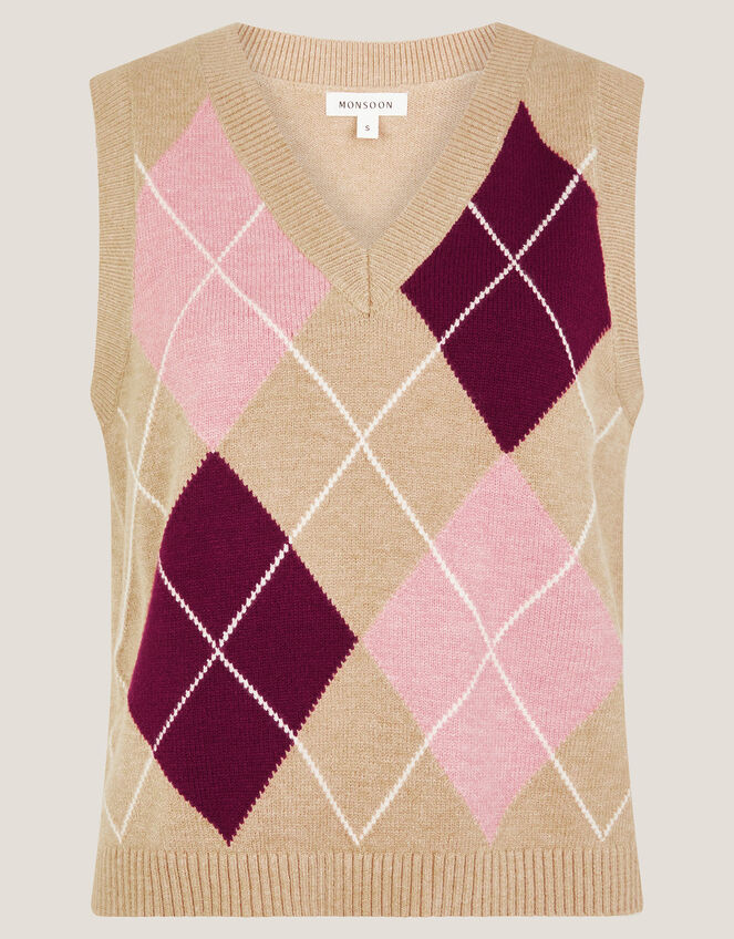 Anne Sleeveless Argyle Knitted Vest, Camel (CAMEL), large