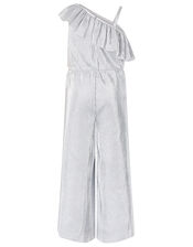 Cassandra One Shoulder Metallic Plisse Jumpsuit, Silver (SILVER), large