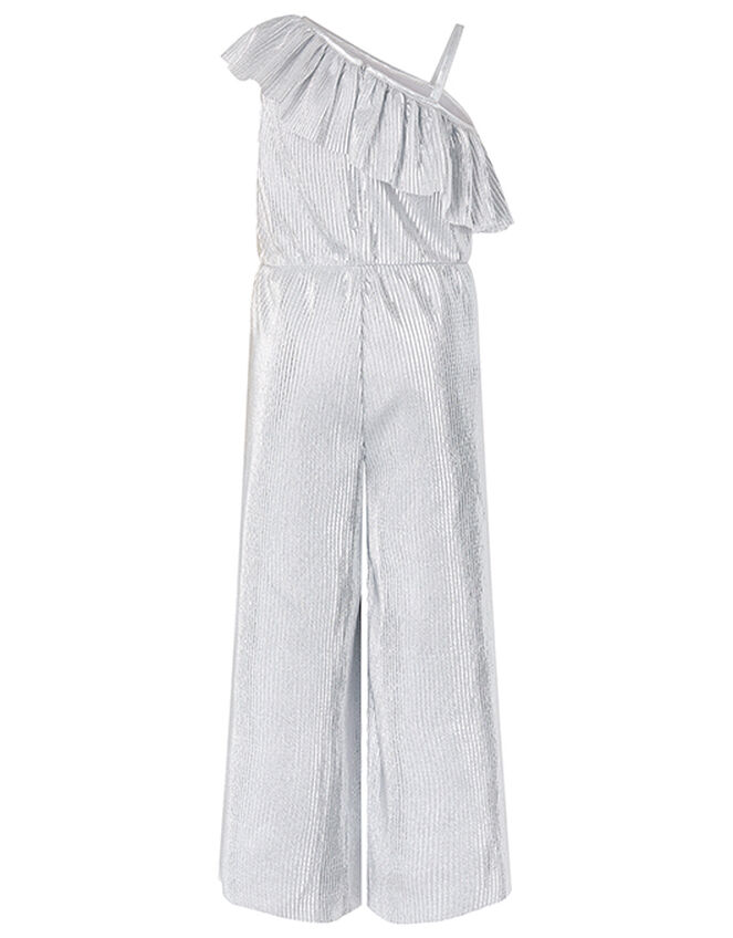 Cassandra One Shoulder Metallic Plisse Jumpsuit, Silver (SILVER), large