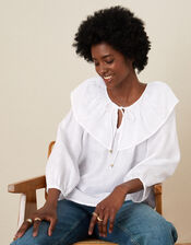 Frill Neck Top in Linen Gauze, Ivory (IVORY), large
