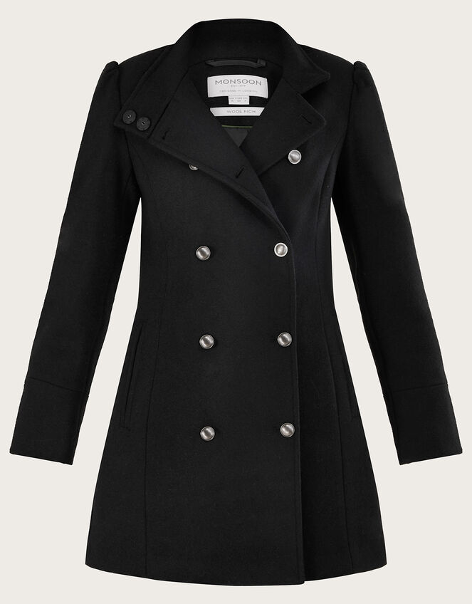Diana Military Wool Pea Coat with Recycled Polyester, Black (BLACK), large