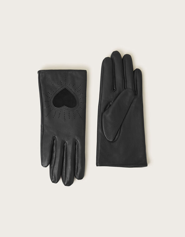 Leather Heart Gloves, Black (BLACK), large