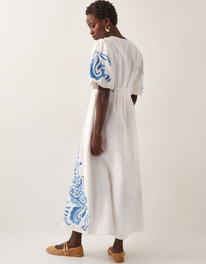 Maria Embroidered Puff Sleeve Midi Dress, White (WHITE), large