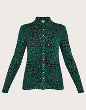 Leopard Print Ruched Jersey Shirt, Green (GREEN), large